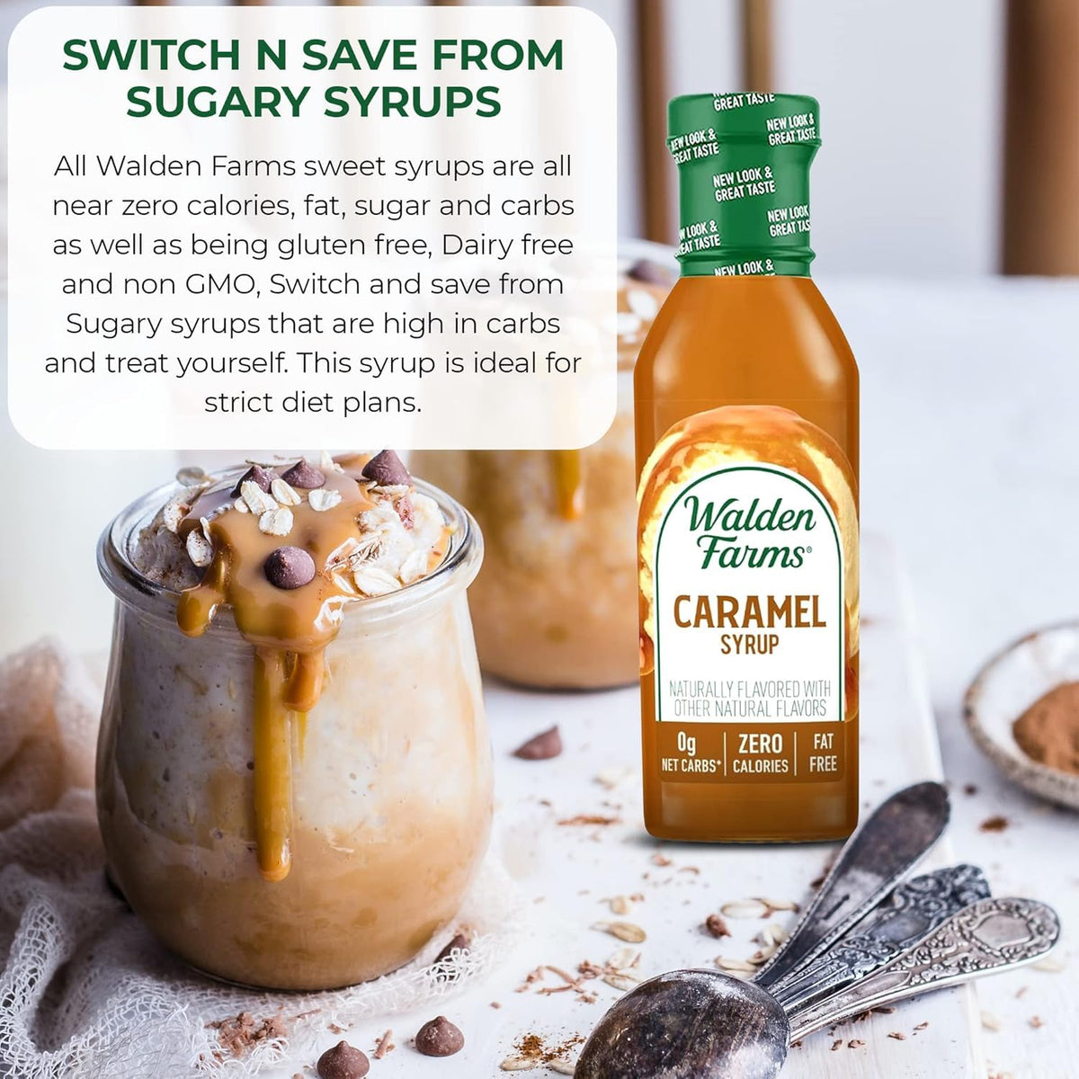 Pouring Walden Farms Caramel Syrup to drizzle over a beverage.