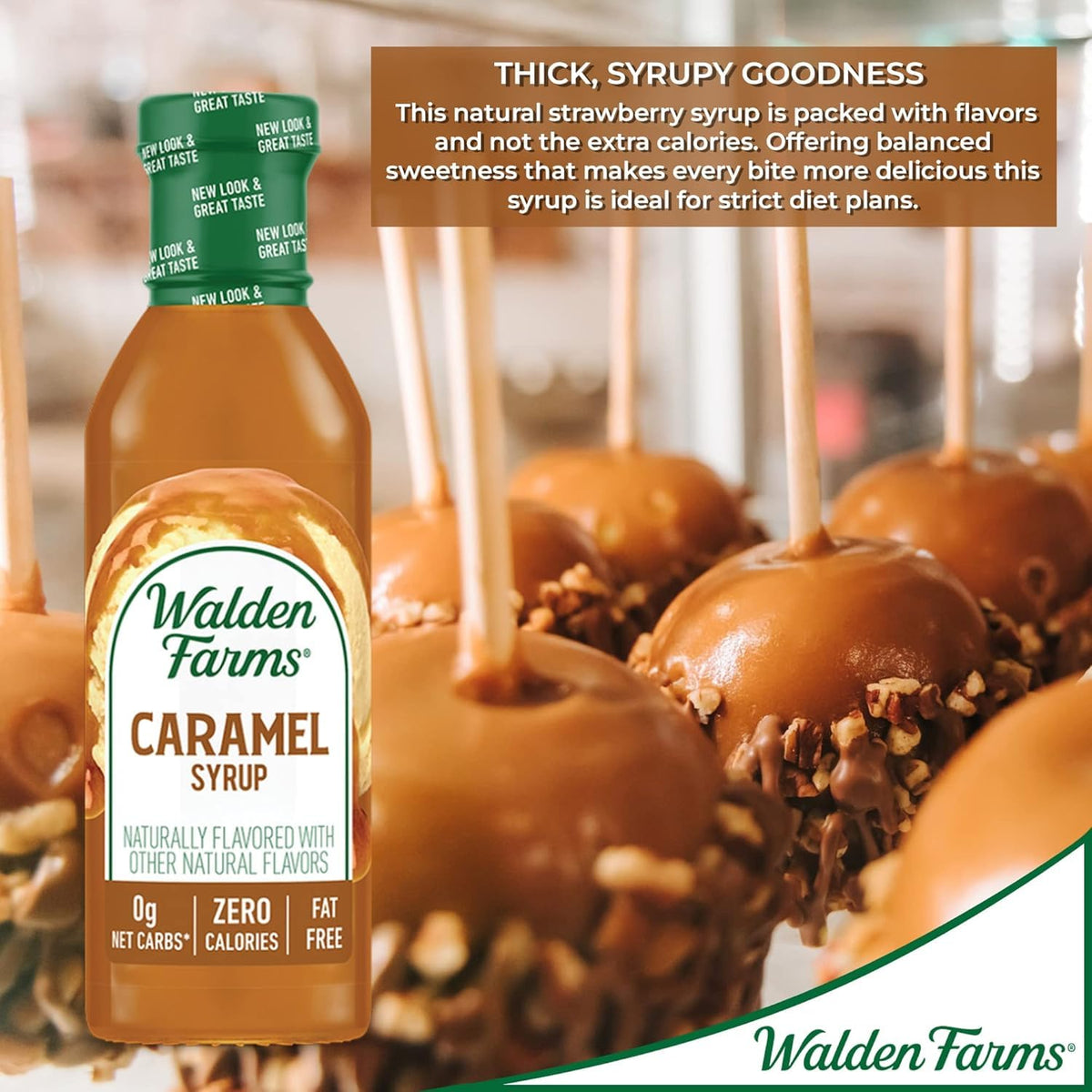 Drizzle of Walden Farms Caramel Syrup on ice cream, vegan and gluten-free.
