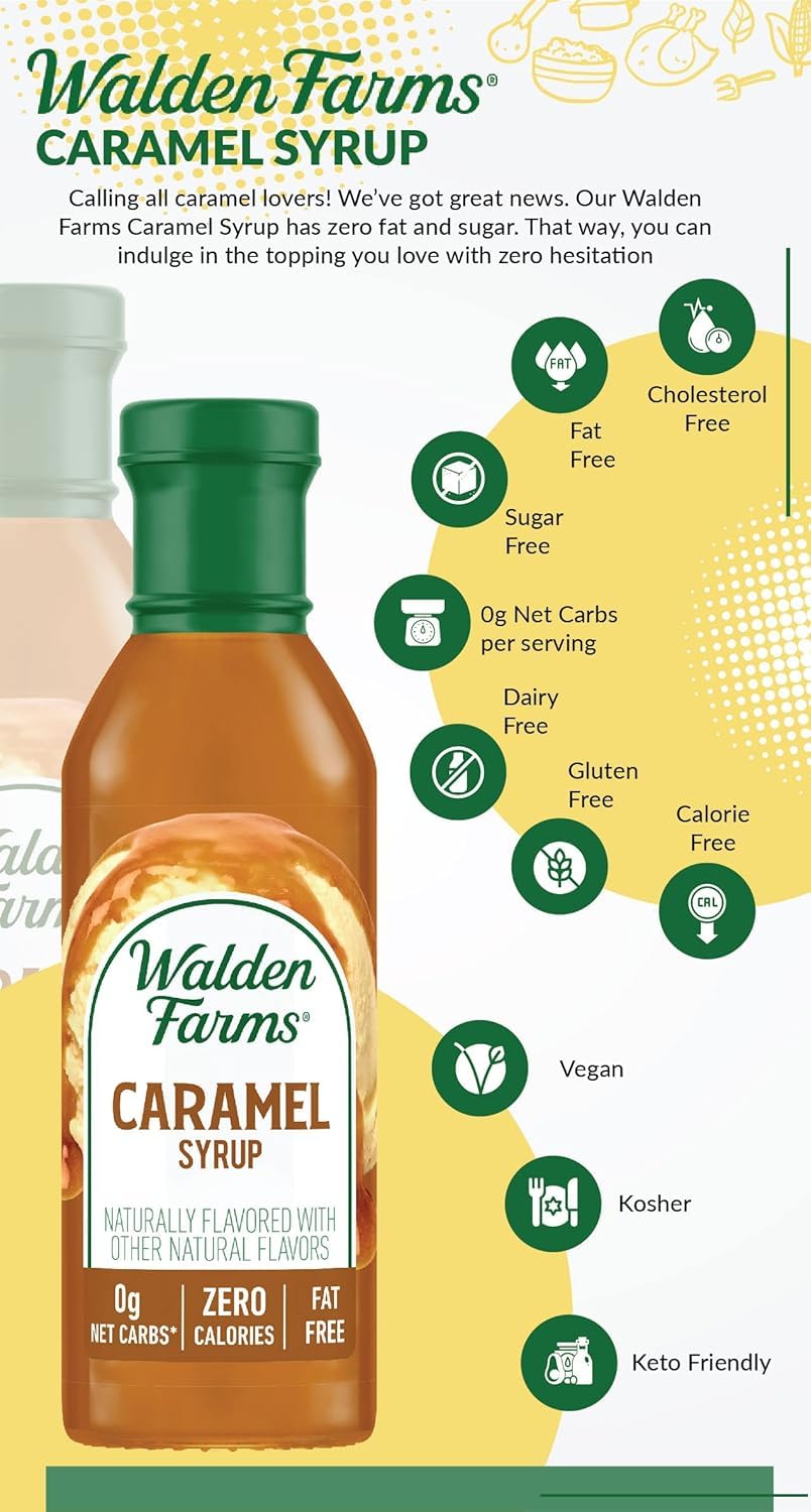 Bottle of Walden Farms Caramel Syrup with ingredients label, dairy-free.