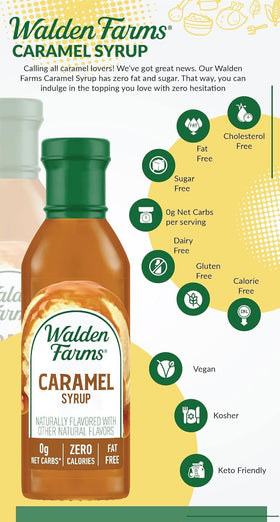 Bottle of Walden Farms Caramel Syrup with ingredients label, dairy-free.