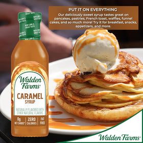 Walden Farms Caramel Syrup in a tidy kitchen scene, vegan-friendly and gluten-free.