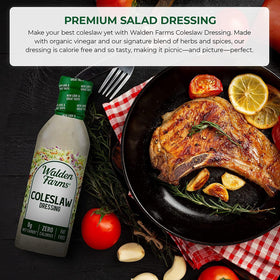 Walden Farms Coleslaw Dressing pour bottle highlights creamy texture.
