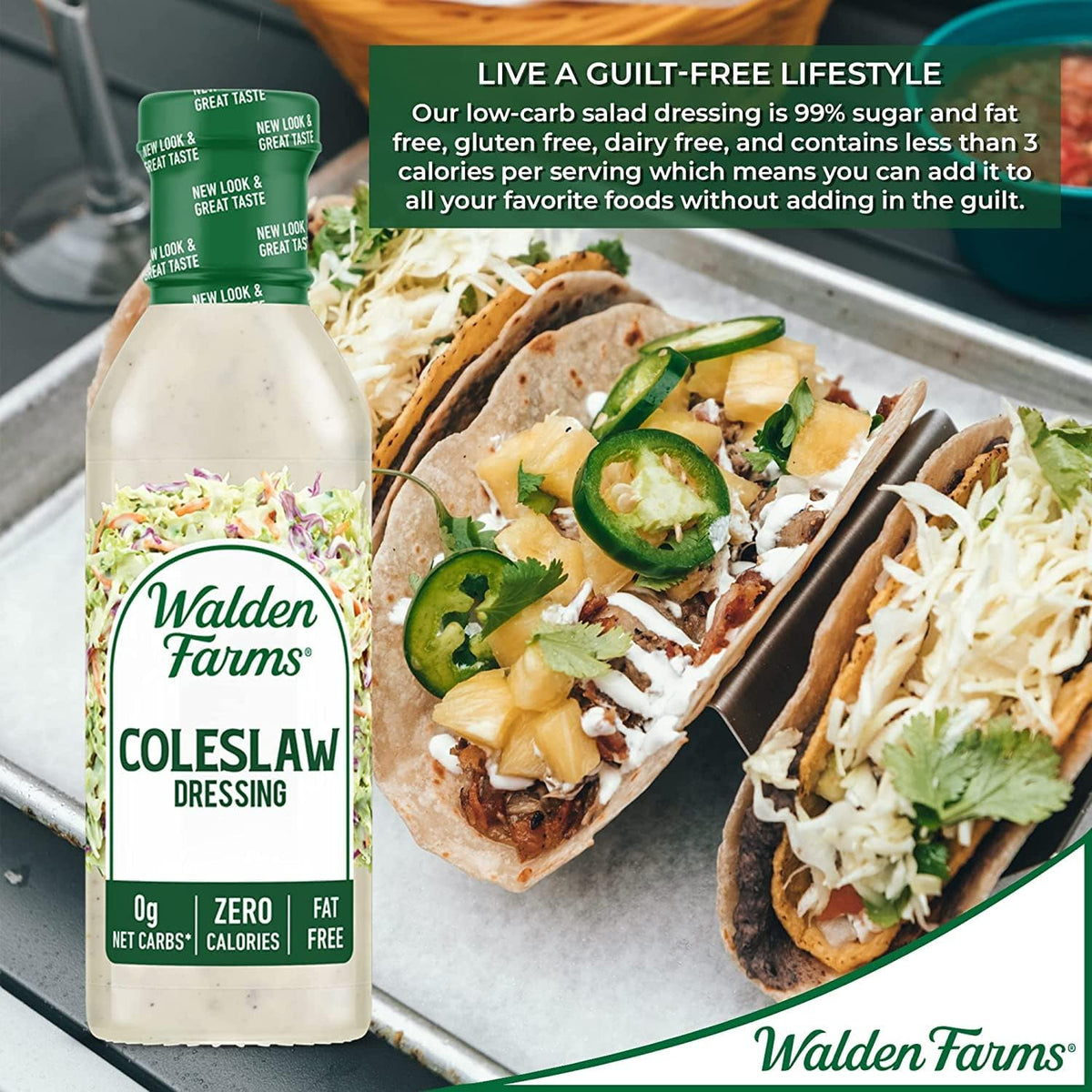 Walden Farms Fat-free Coleslaw Dressing bottle supports calorie-conscious dining.