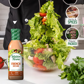 Walden Farms French Dressing tilted bottle ready to pour over greens