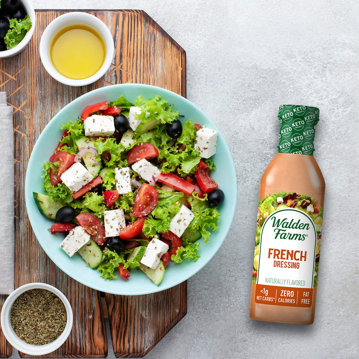 Walden Farms French Dressing on kitchen counter for keto-friendly meal planning