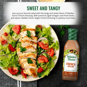 Walden Farms French Dressing pouring into a salad bowl for tangy flavor