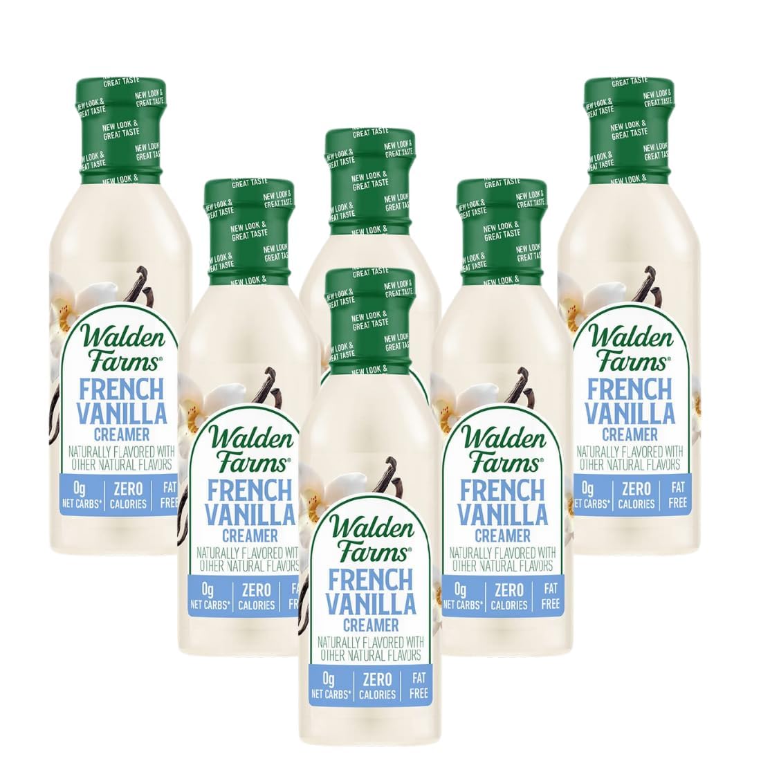 Walden Farms French Vanilla creamer bottle pouring into coffee with zero calories.