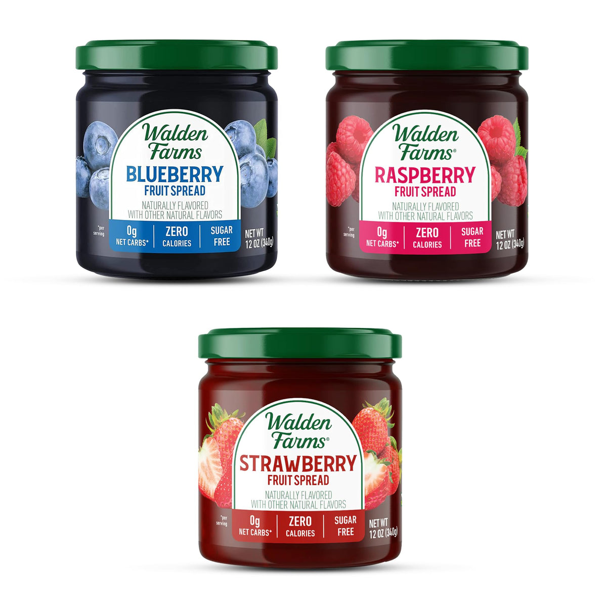 Walden Farms blueberry fruit spread bottle pour highlighting zero calories