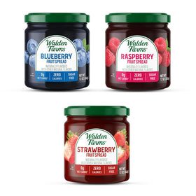Walden Farms blueberry fruit spread bottle pour highlighting zero calories