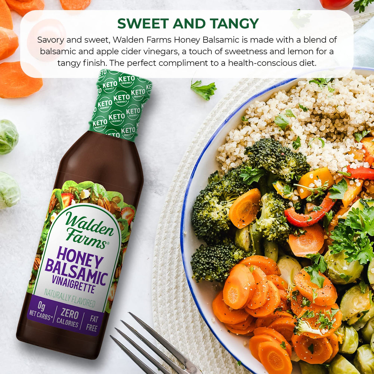 Salad dressed with Walden Farms Honey Balsamic Vinaigrette, vibrant and flavorful.