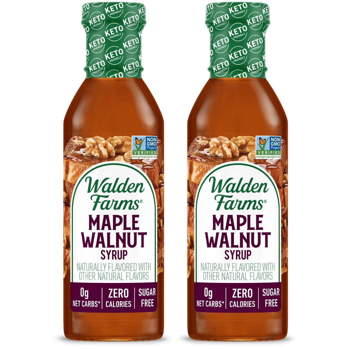 Walden Farms Maple Walnut Syrup bottle front with zero calories claim for breakfast