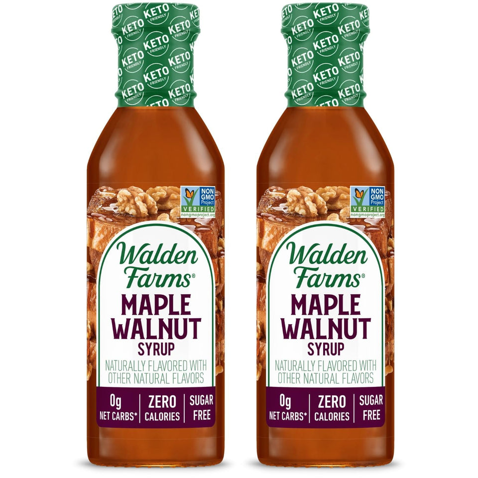 Walden Farms Maple Walnut Syrup bottle front with zero calories claim for breakfast