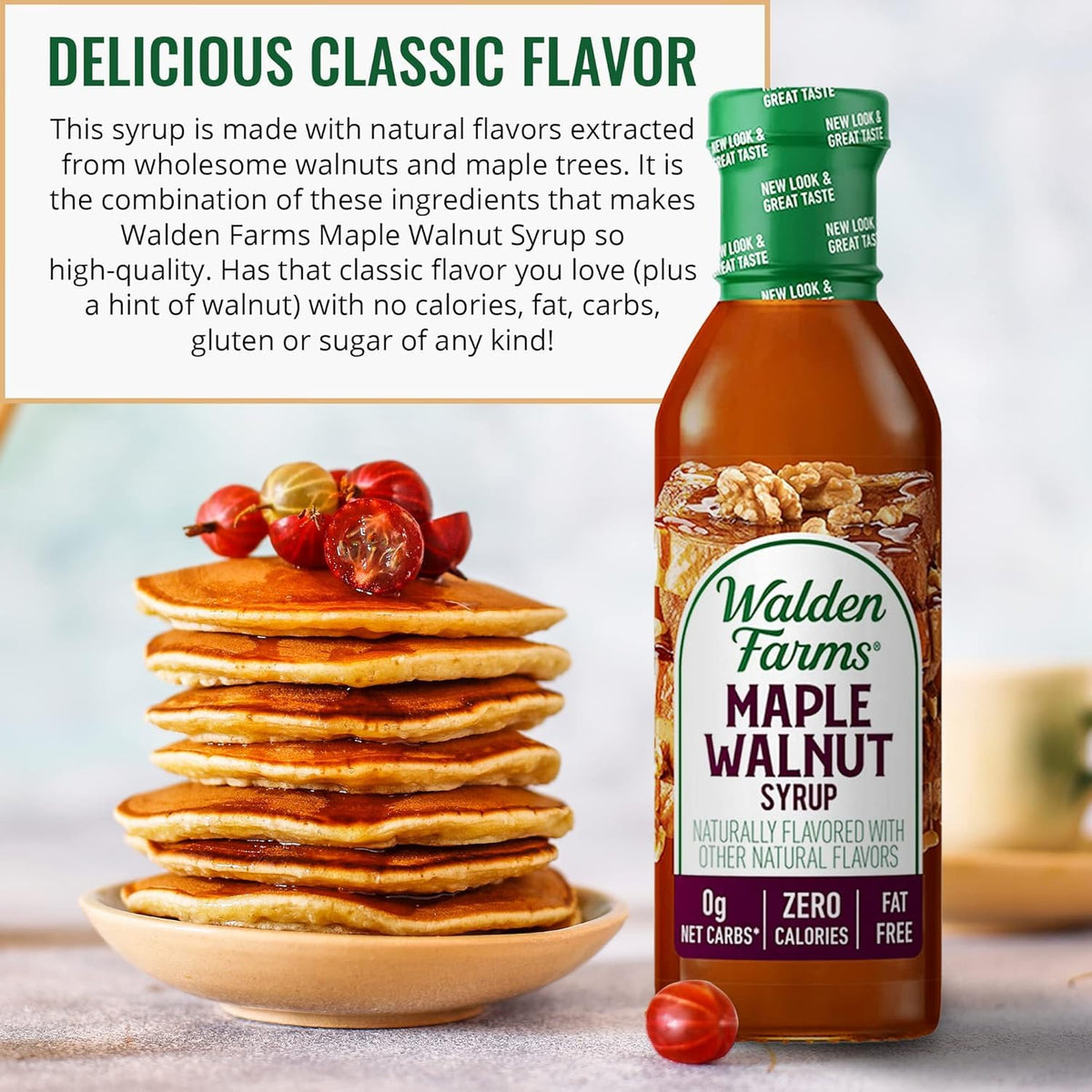 Walden Farms Maple Walnut Syrup being poured over pancakes for a light indulgence