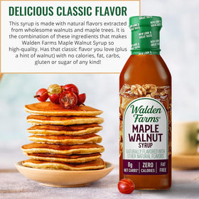 Walden Farms Maple Walnut Syrup being poured over pancakes for a light indulgence