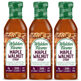 Walden Farms Maple Walnut Syrup bottle on counter, zero calories and sugar-free.