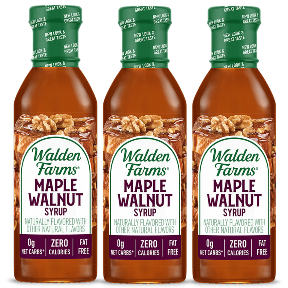 Walden Farms Maple Walnut Syrup bottle on counter, zero calories and sugar-free.