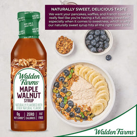 Walden Farms Maple Walnut Syrup bottle close-up, hints of walnut aroma and maple sweetness.