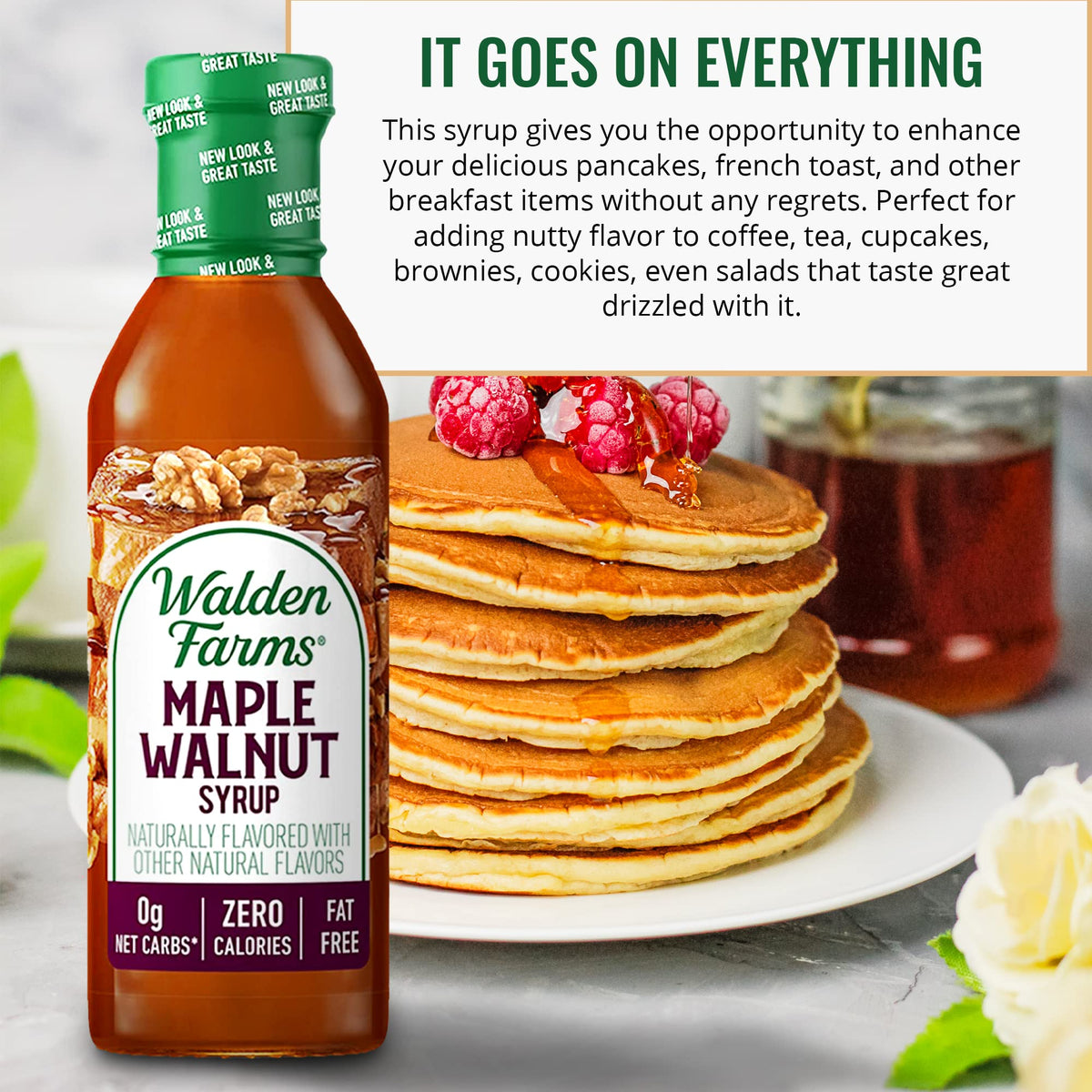 Walden Farms Maple Walnut Syrup as dessert topping, pairs well with fruit and frozen treats.