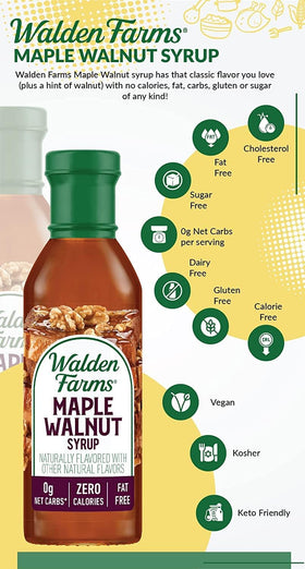Walden Farms Maple Walnut Syrup bottle in household setting during family breakfast
