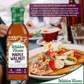 Walden Farms Maple Walnut Syrup on kitchen counter, convenient zero-calorie flavor boost.