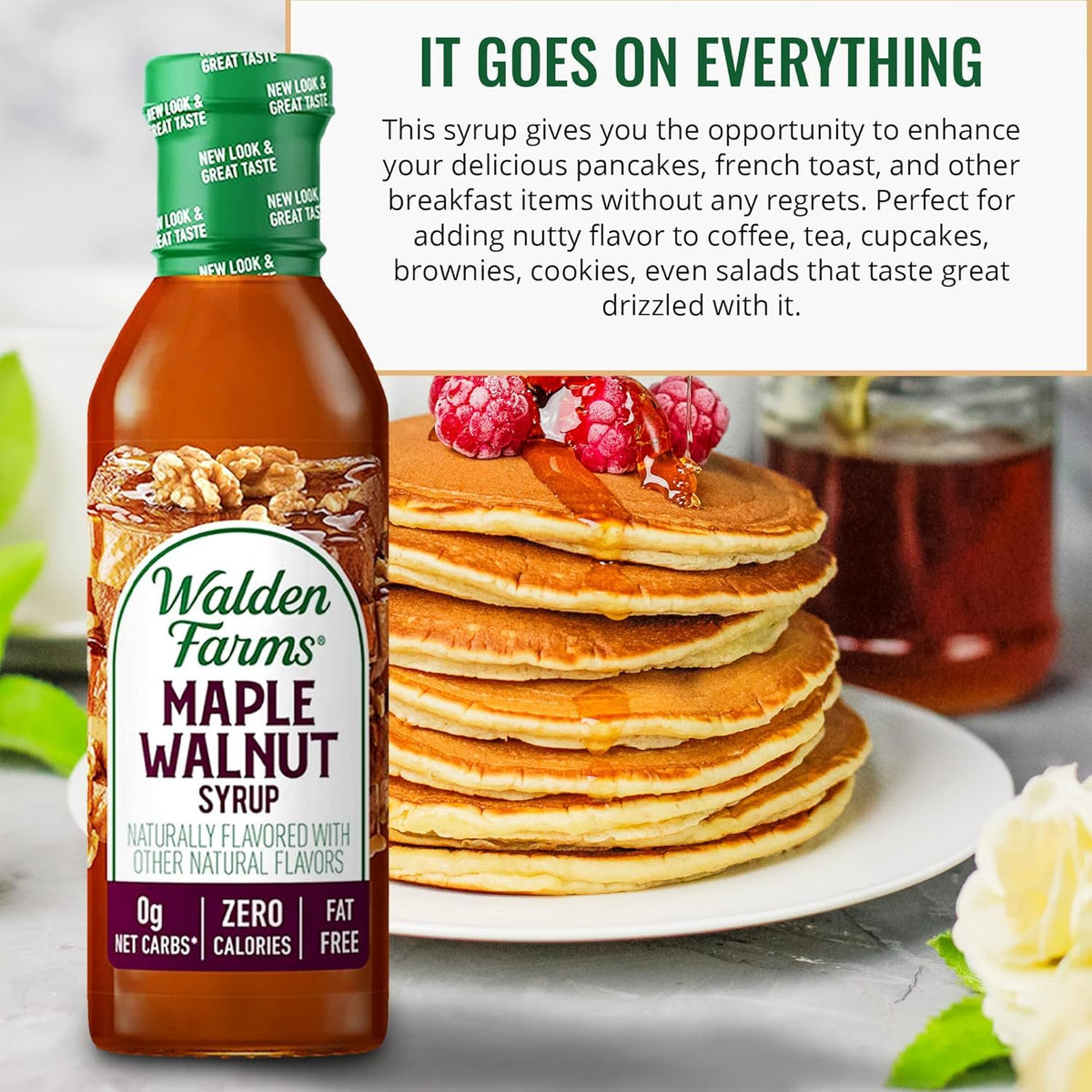 Walden Farms Maple Walnut Syrup label close-up highlighting zero calories