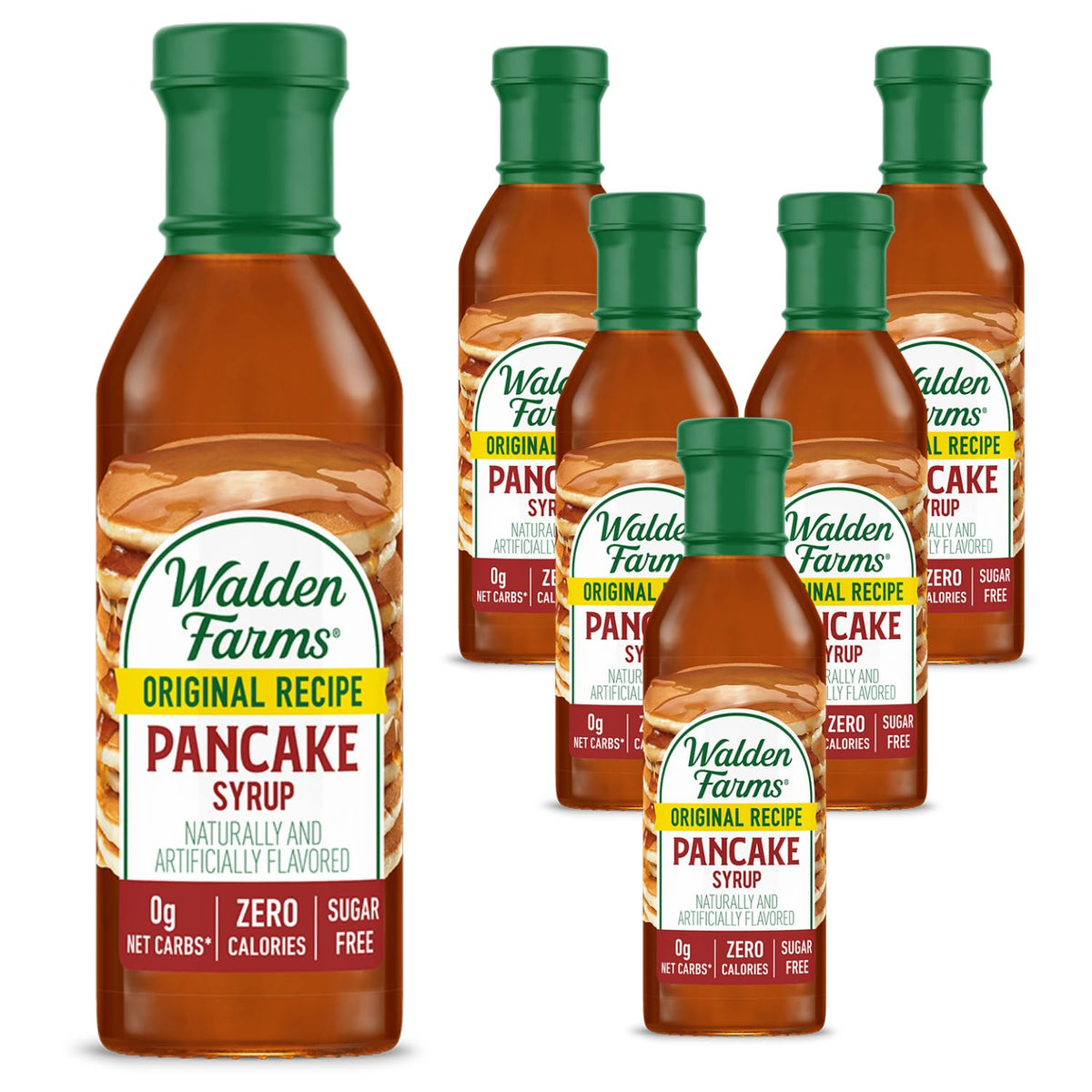 Walden Farms Original Pancake Syrup bottle highlighting zero calories for light toppings
