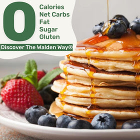 Close-up of Walden Farms Original Pancake Syrup label emphasizing vegan and gluten-free features