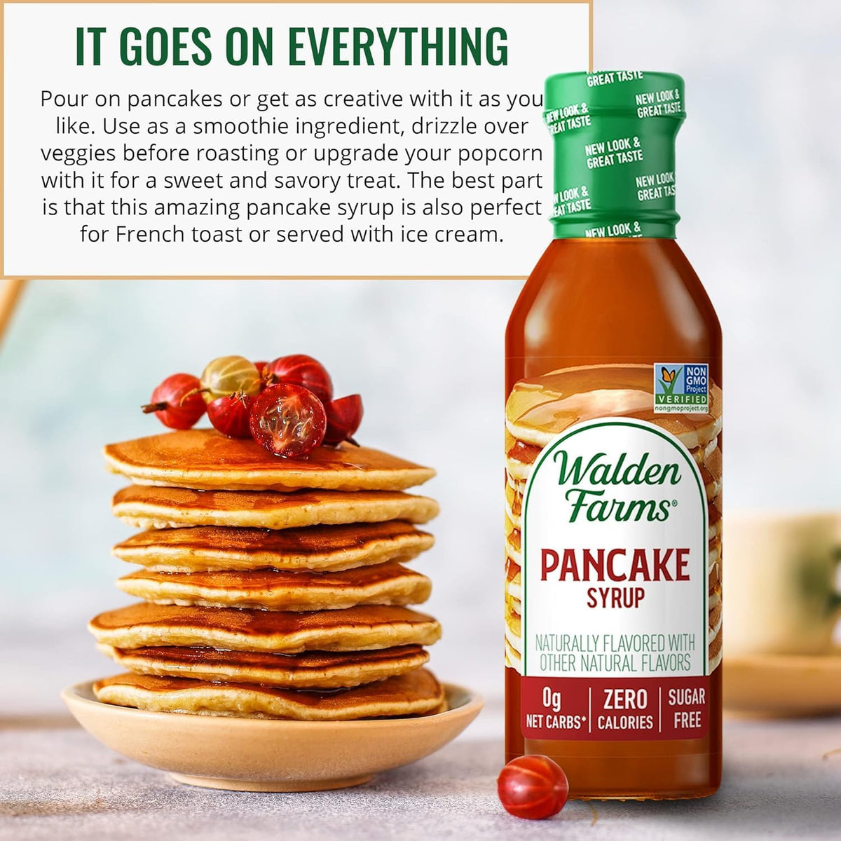 Pouring Walden Farms syrup over pancakes, calorie-free drizzle.