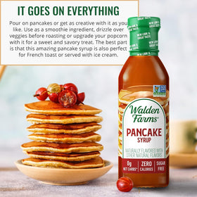 Pouring Walden Farms syrup over pancakes, calorie-free drizzle.