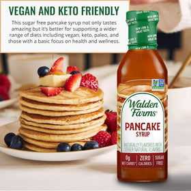 Pancakes and waffles topped with Walden Farms syrup, rich flavor.