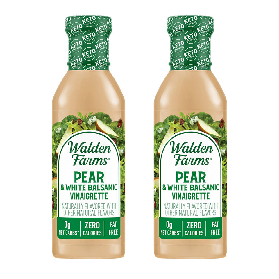 Walden Farms Pear White Balsamic Vinaigrette bottle front view, calorie-free flavor