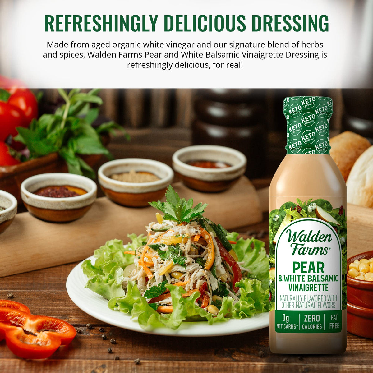 Walden Farms vinaigrette being poured over a fresh salad, pear tang