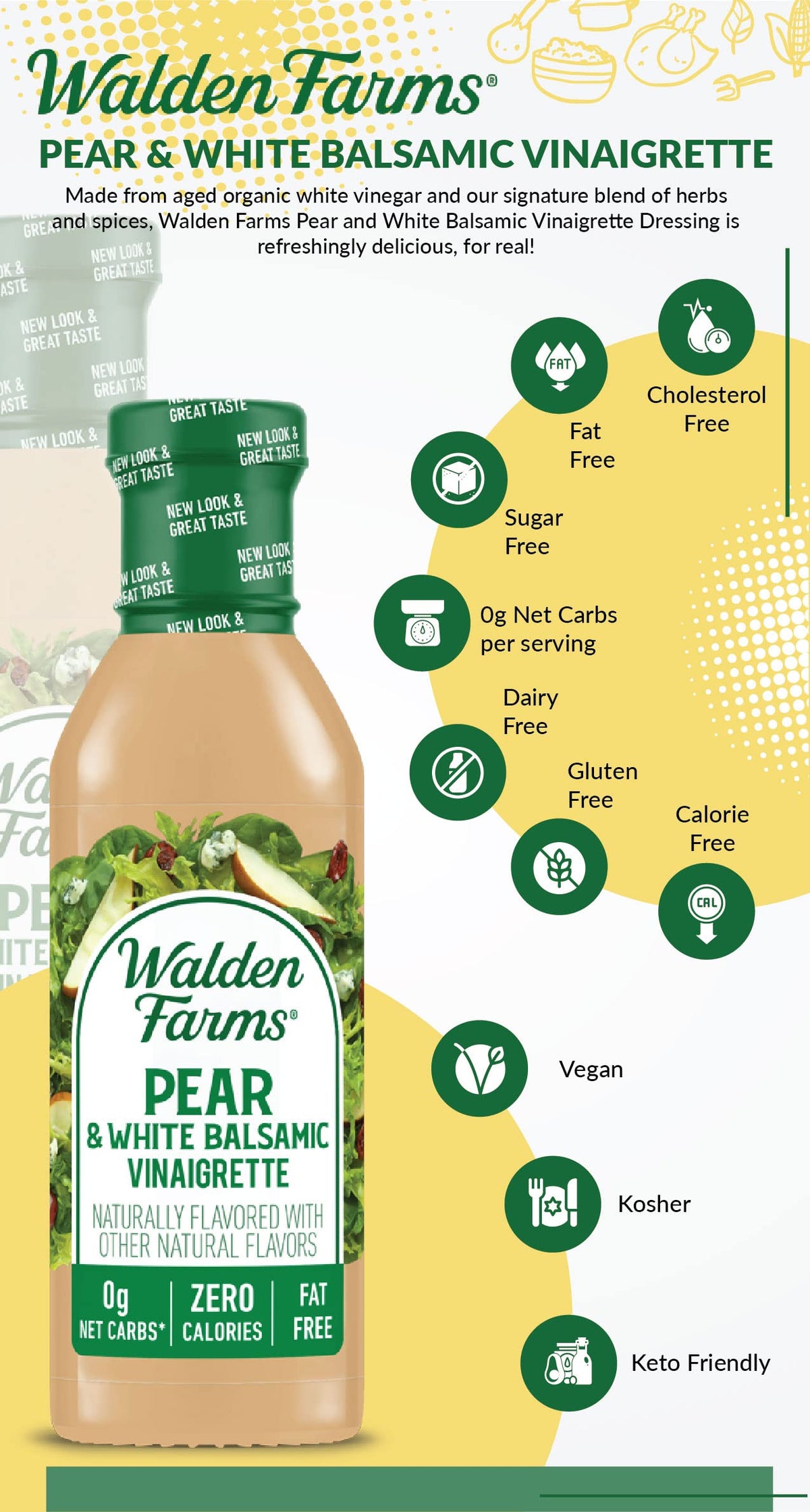 Ingredients and label of Walden Farms Pear White Balsamic Vinaigrette