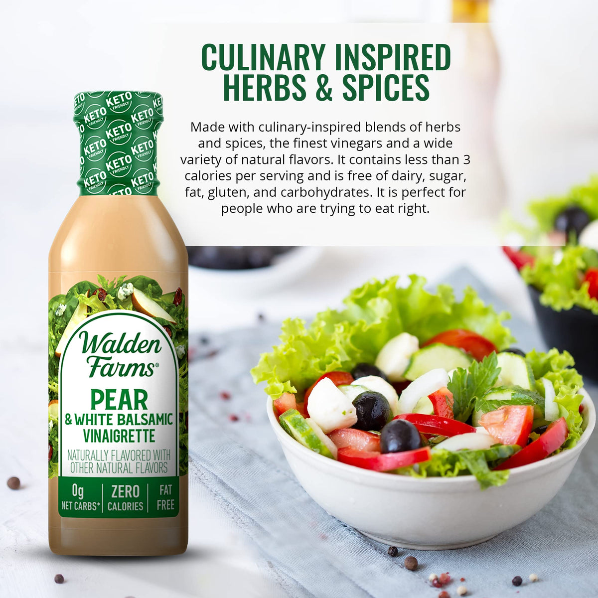 Close-up drizzle of Walden Farms pear vinaigrette over greens