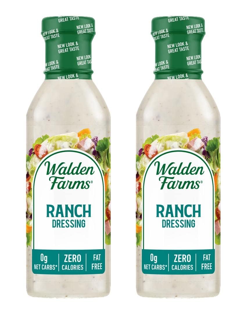 Walden Farms Ranch Dressing 2-pack bottles on counter, calorie-free flavor for salads and dips