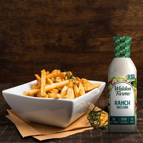 Walden Farms Ranch Dressing bottle on kitchen counter, dairy-free and gluten-free choice
