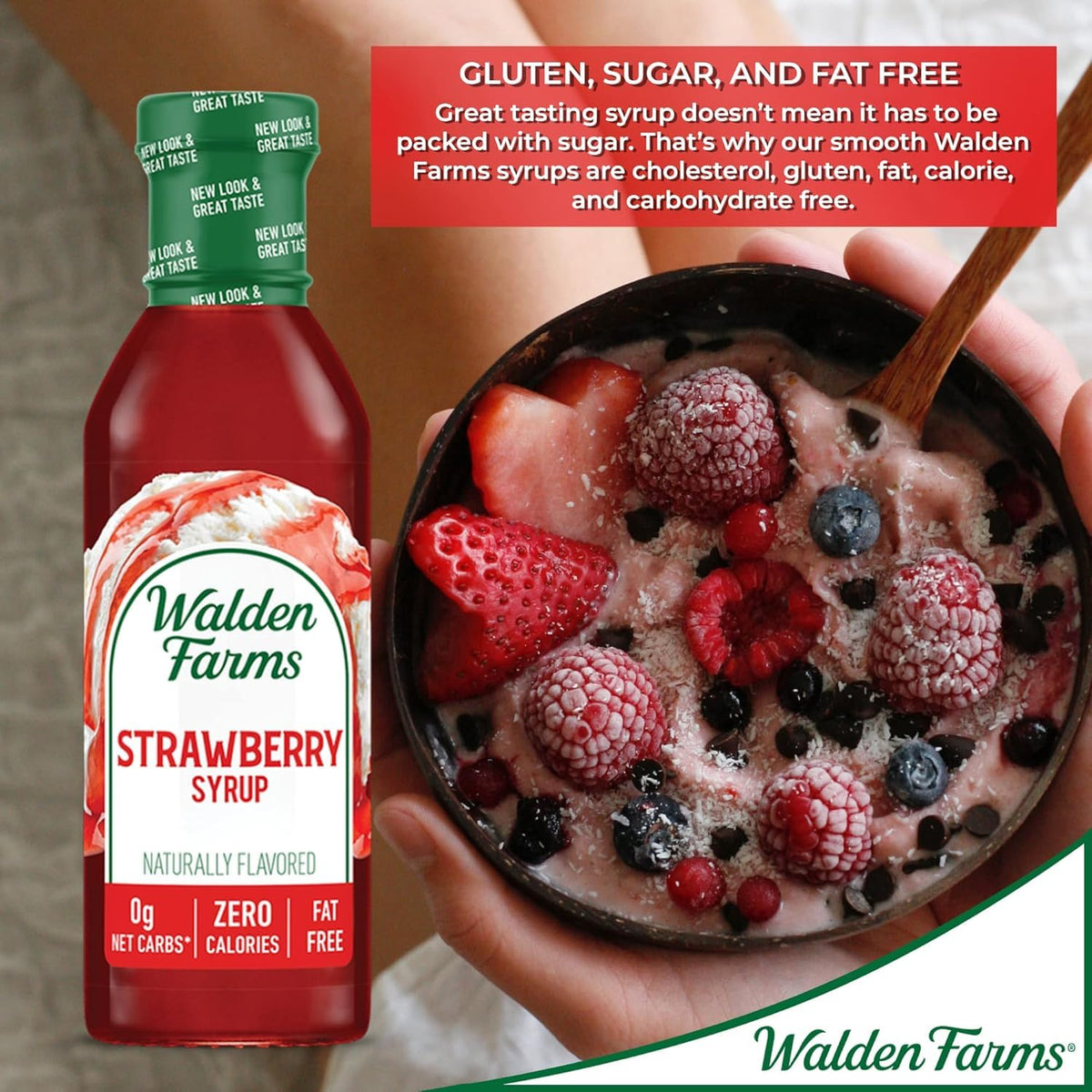Walden Farms Strawberry Syrup bottle back showing vegan and gluten-free notes