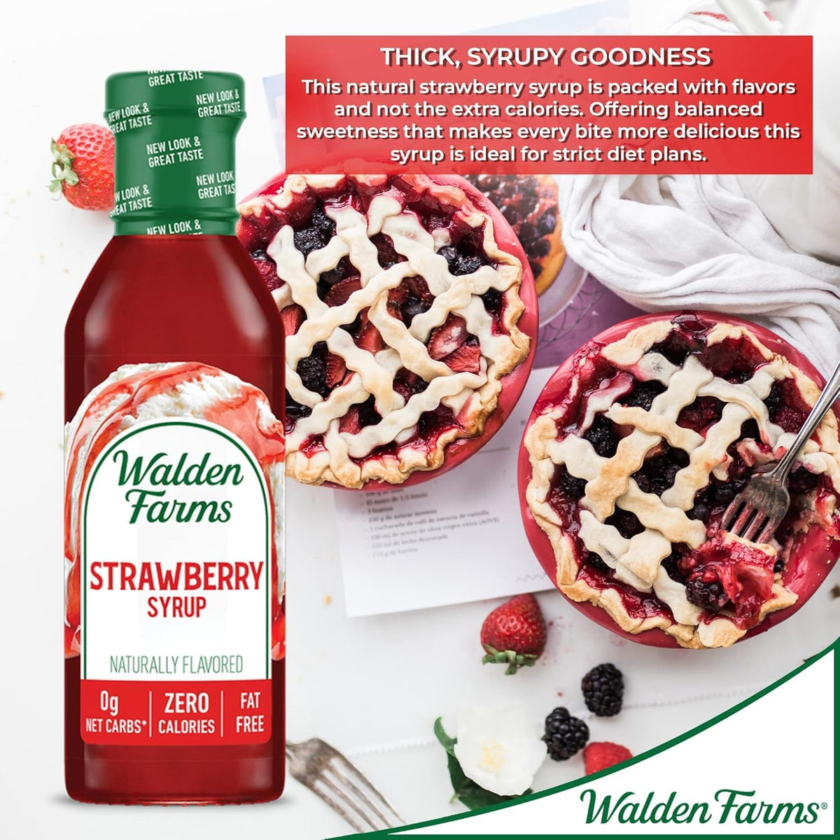 Walden Farms Strawberry Syrup poured over pancakes for breakfast