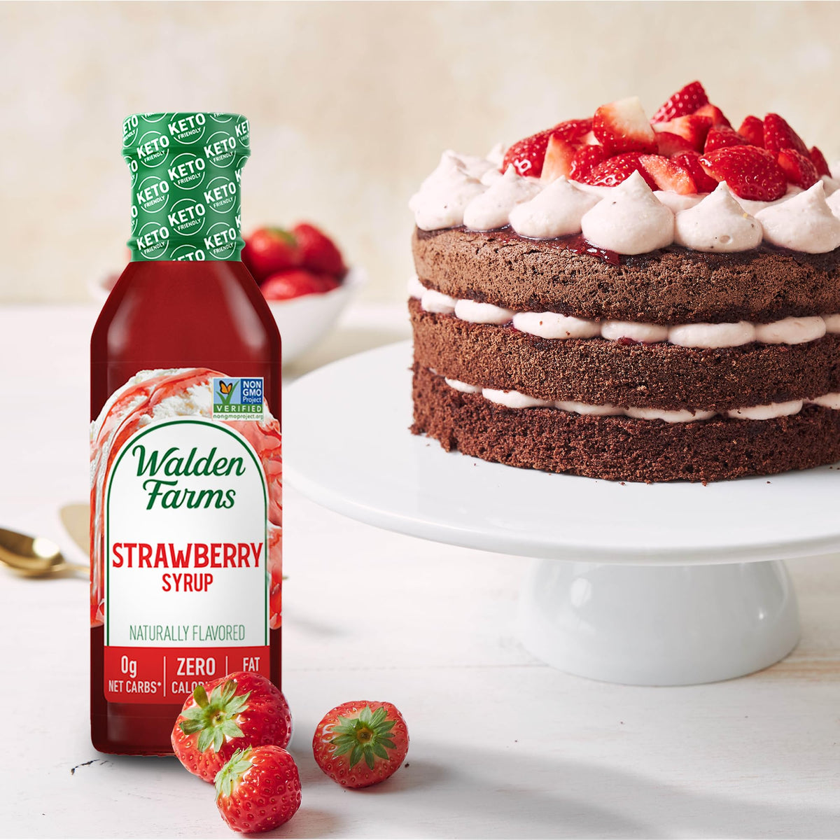Walden Farms vegan badge on label emphasizes dairy-free sweetness