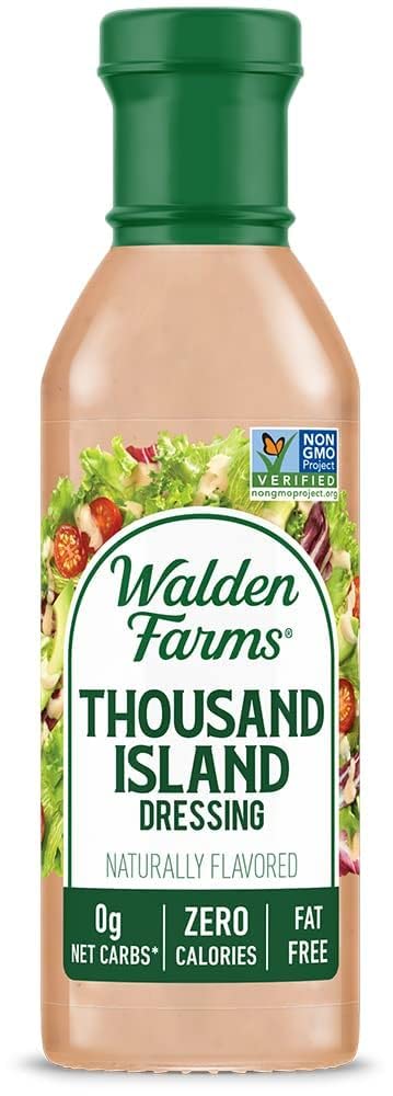 Walden Farms Thousand Island dressing being poured as a sugar-free topping