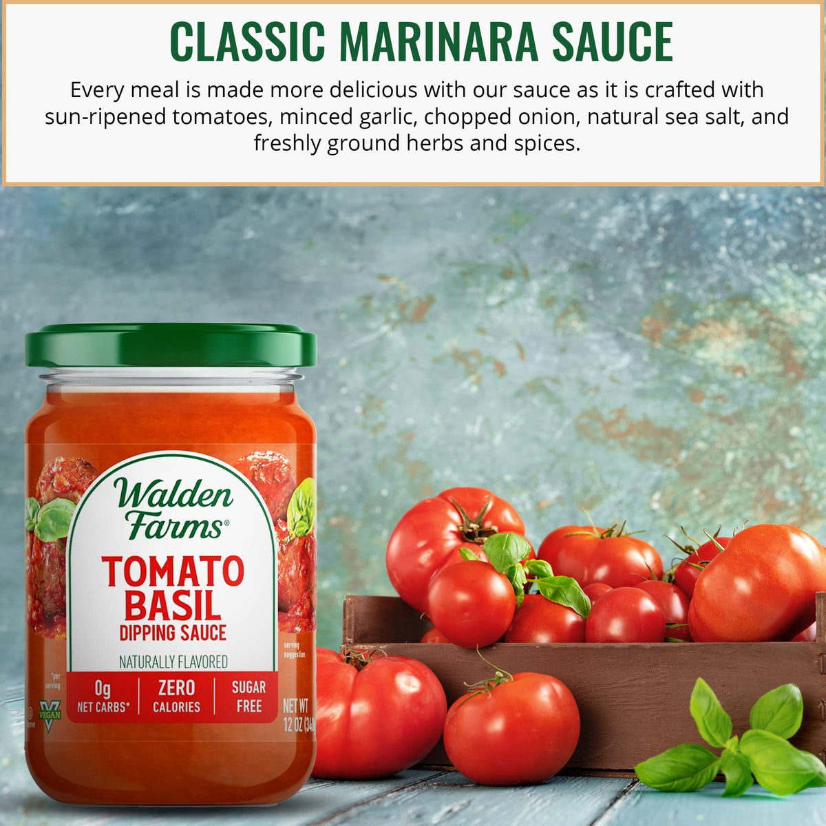 Walden Farms Tomato Basil Pasta Sauce 2-pack bottle pouring over pasta for a tasty, zero-calorie option.