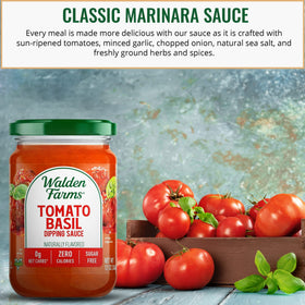 Walden Farms Tomato Basil Pasta Sauce 2-pack bottle pouring over pasta for a tasty, zero-calorie option.