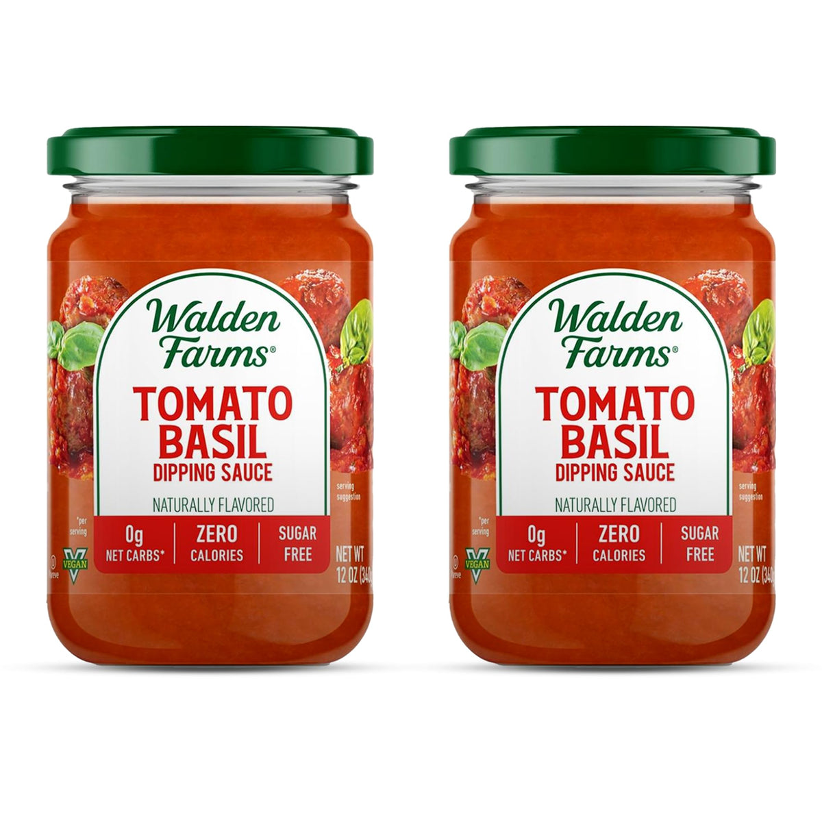 Walden Farms Tomato Basil Pasta Sauce 2-pack bottles on kitchen shelf for quick family meals.