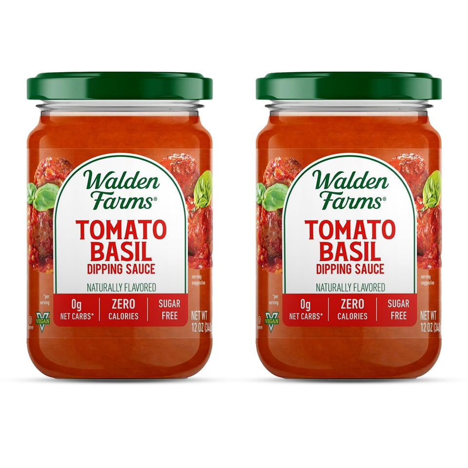 Walden Farms Tomato Basil Pasta Sauce 2-pack bottles on kitchen shelf for quick family meals.