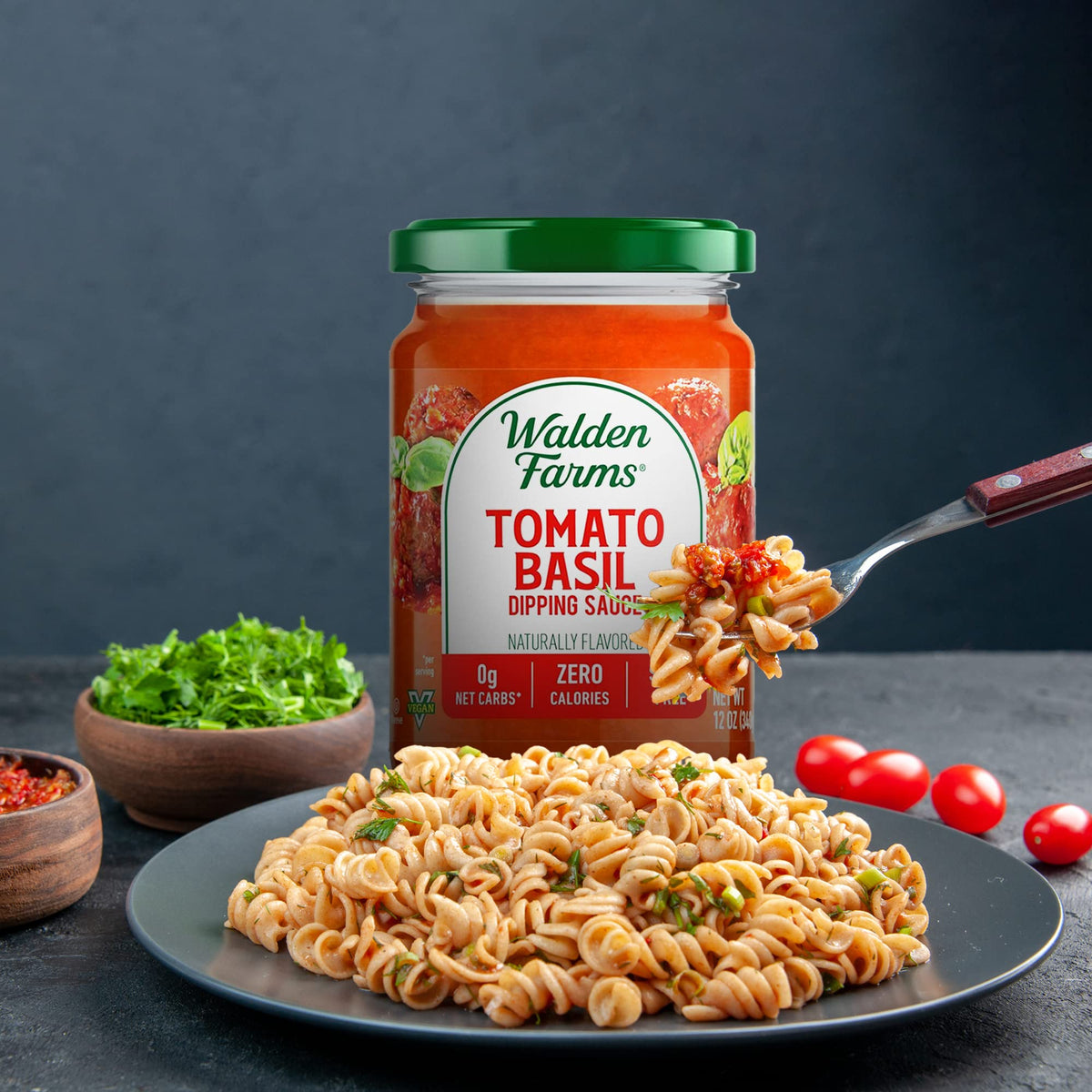 Walden Farms Tomato Basil Pasta Sauce 2-pack on grilled eggplant for clean eating.