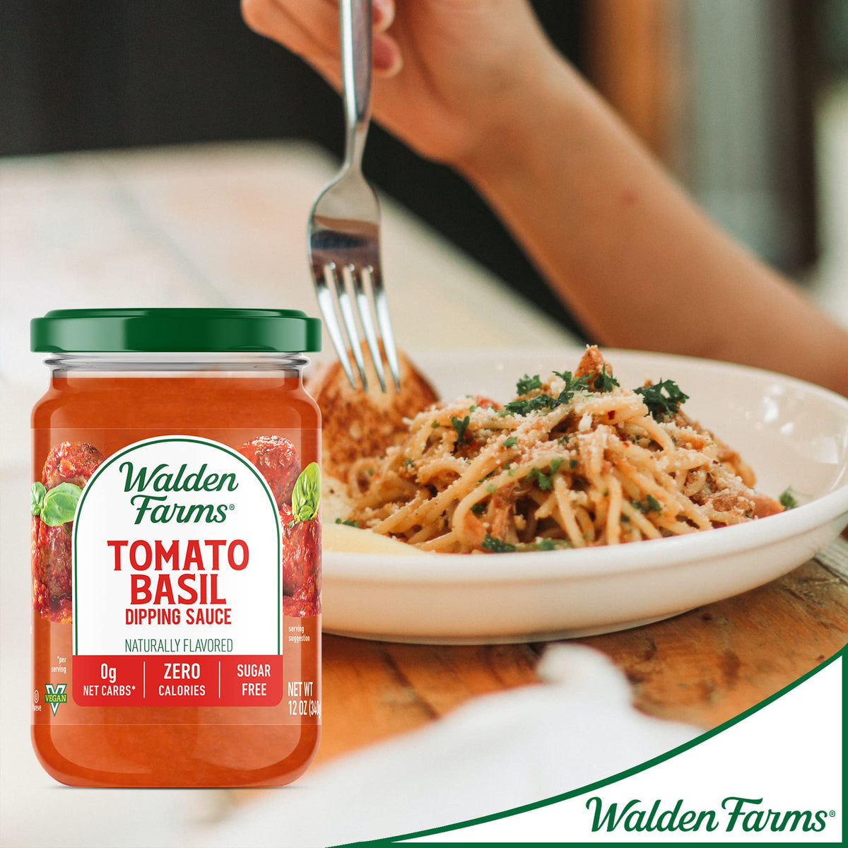 Walden Farms Tomato Basil Pasta Sauce 2-pack added to zucchini noodles for keto-friendly meals.