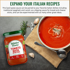 Walden Farms Tomato Basil Pasta Sauce 2-pack atop veggie noodles for a low-carb meal.