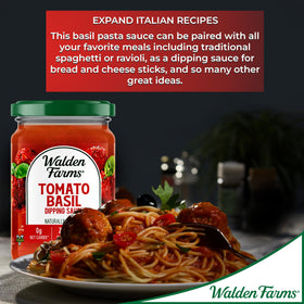 Walden Farms Tomato Basil Pasta Sauce 2-pack label highlights zero calories and zero sugar.