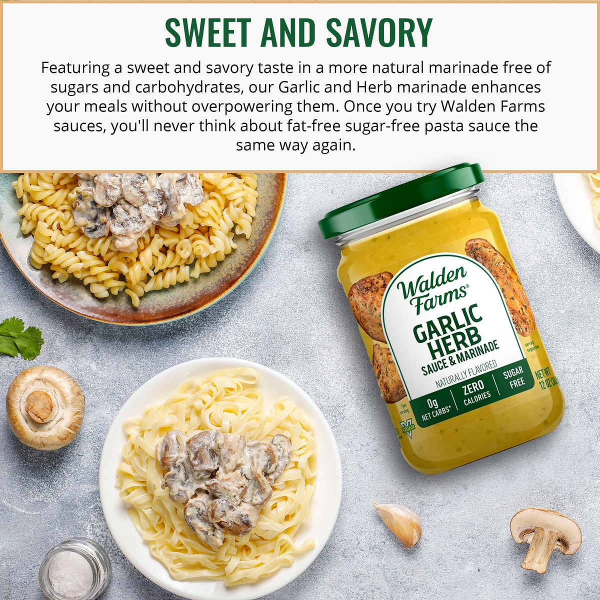 Walden Farms Alfredo bottle delivers creamy finish with zero fat and sugar-free notes.