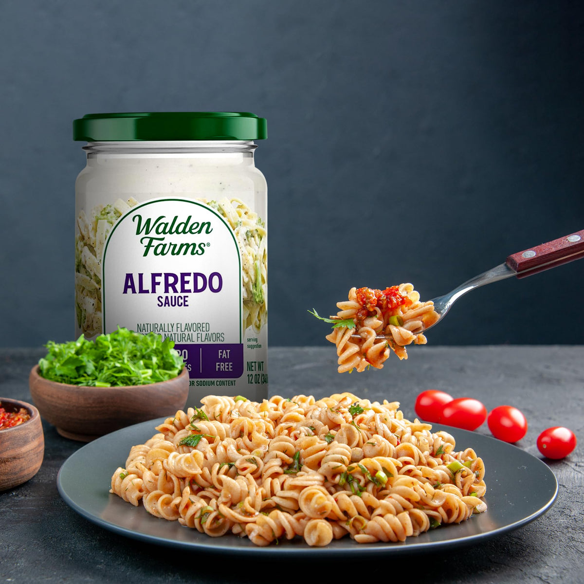 Walden Farms Tomato Basil topping a veggie plate for a bright, clean taste.